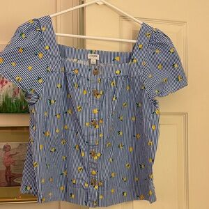 J. Crew Blue & White Striped Lemon Print Button-Up Top